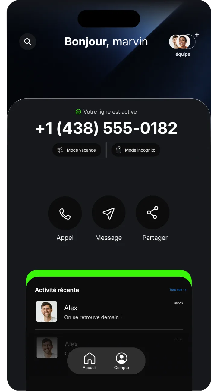 The Yusee Business app showing an active line and recent activity