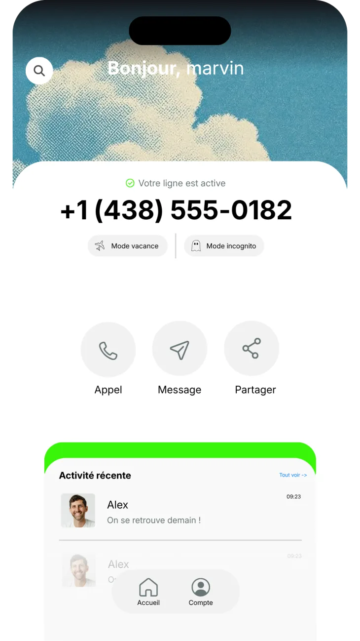 The Yusee app showing an active line, calls, messages and recent activity